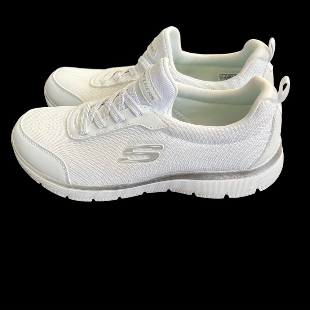 Sketchers memory foam white and silver slip on sneakers size 8.5